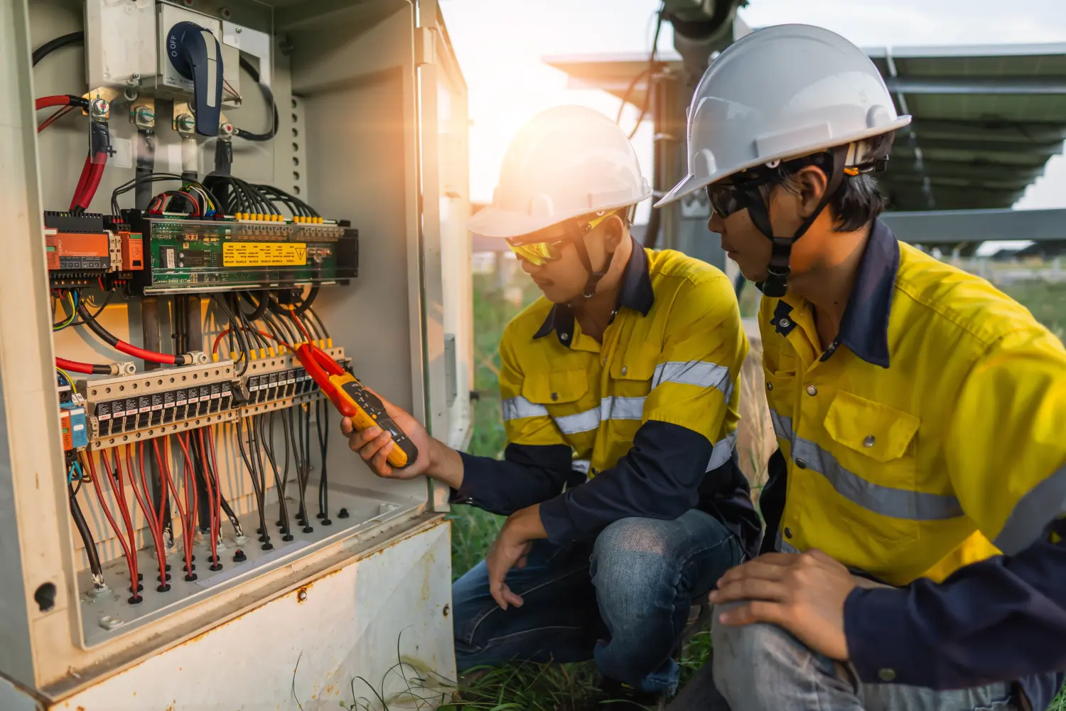 Arbeiter verwenden eine Stromzange, um den Strom von elektrischen Leitungen zu messen, die aus Solarenergie erzeugt werden, um sicherzustellen, dass der Strom normal ist.